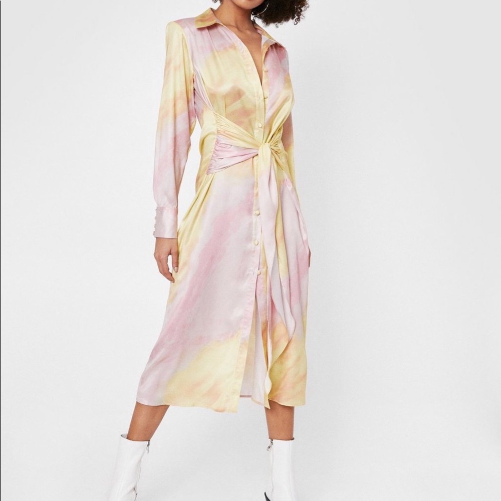 Satin tie side button front maxi dress